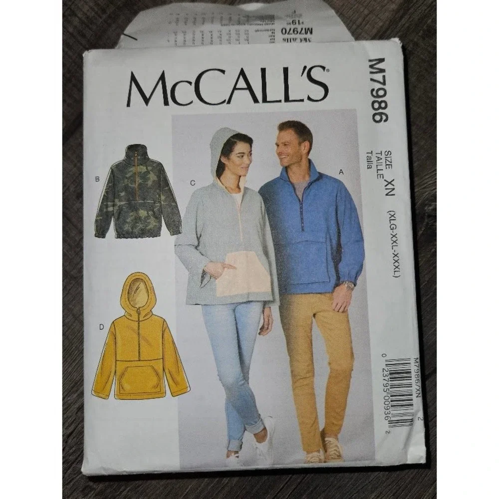 McCalls M7986 Unisex Pullover Hoodie Sewing Pattern Size XN XLG-XXXL Uncut